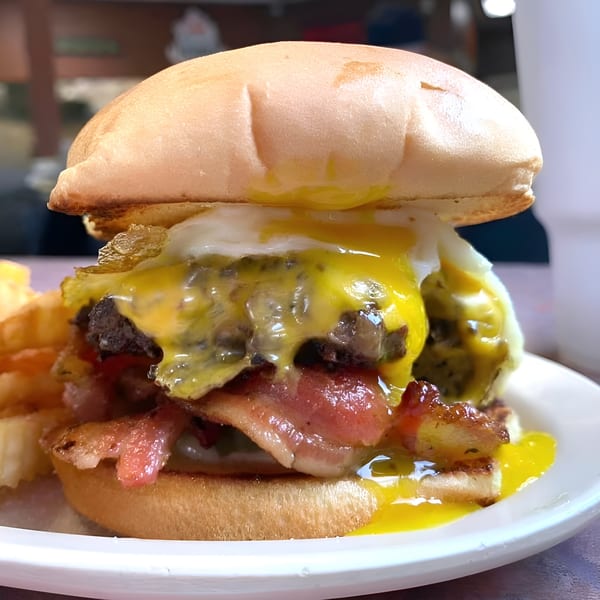 A Chuck's BBQ burger with bacon, melted cheese, and a fried egg with runny yolk.